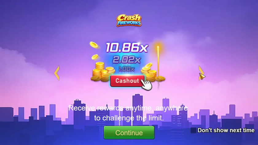 Crash Fireworks win screen after a manual cash-out at 10.86x, with coin stacks and the Cash Out button