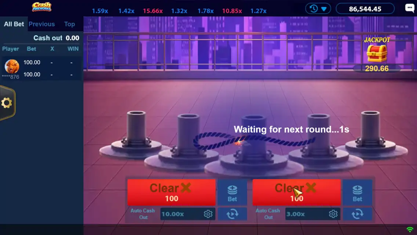 Crash Fireworks growing jackpot widget shown between rounds on the rooftop launch pad screen