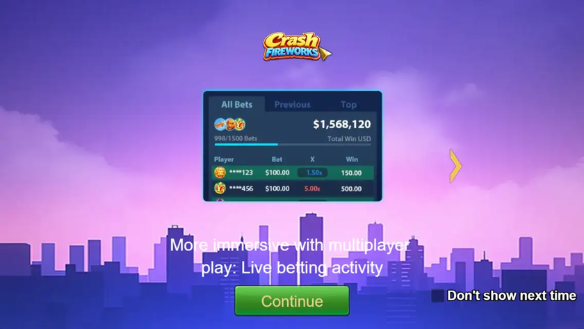 Crash Fireworks live All Bets panel showing other players' real-time wagers and multipliers during a shared round