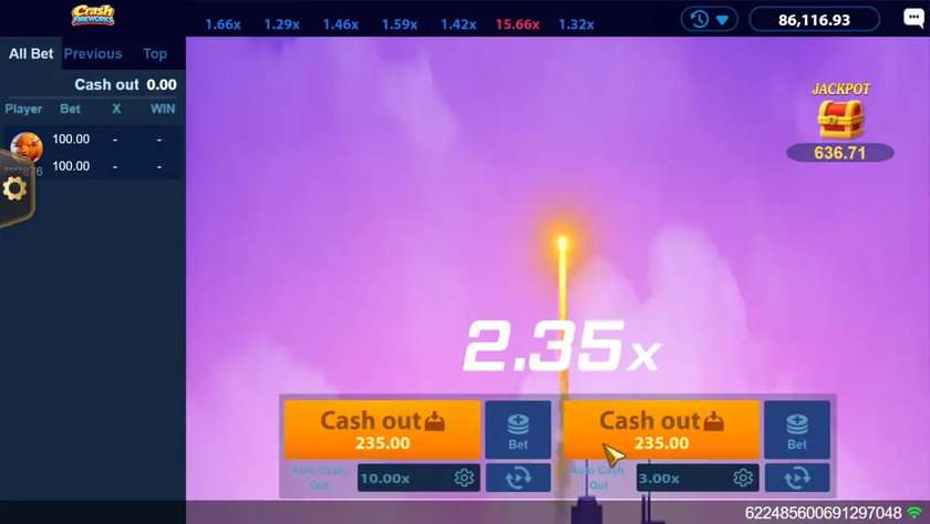 Crash Fireworks gameplay screen showing the multiplier climbing to 2.35x as the firework rises, with manual Cash Out buttons visible