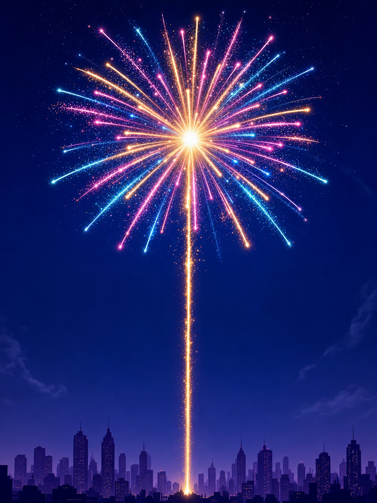 A golden firework rocket climbs from a city rooftop launch pad into a deep night sky over a skyline, illustrating the rising multiplier in Crash Fireworks by TaDa Gaming.
